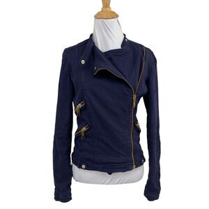 Zara Basic Jacket Women XS Extra Small Navy Moto Zip Pockets Long Sleeve Cropped